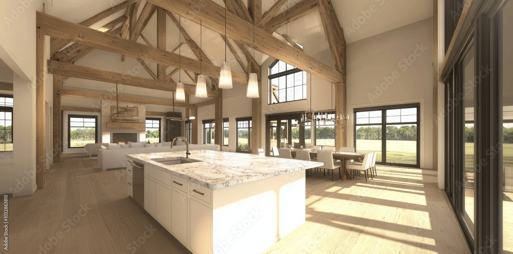 An interior design of the kitchen in a beautiful new luxury residence with a kitchen island and wooden floors, a modern, minimal style, complete with a copy area. An interior design of the kitchen in a beautiful new luxury residence with a kitchen island and wooden floors, a modern, minimal style, complete with a copy area.