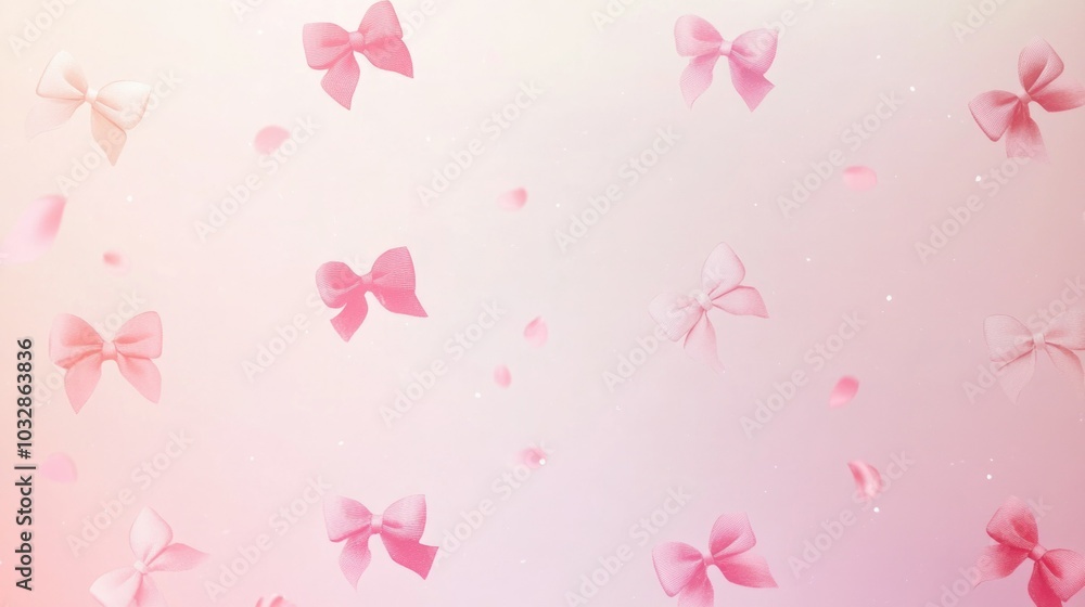 Delicate pink bows and petals floating against a soft pastel background, capturing the essence of girlhood design Delicate pink bows and petals floating against a soft pastel background, capturing the essence of girlhood design