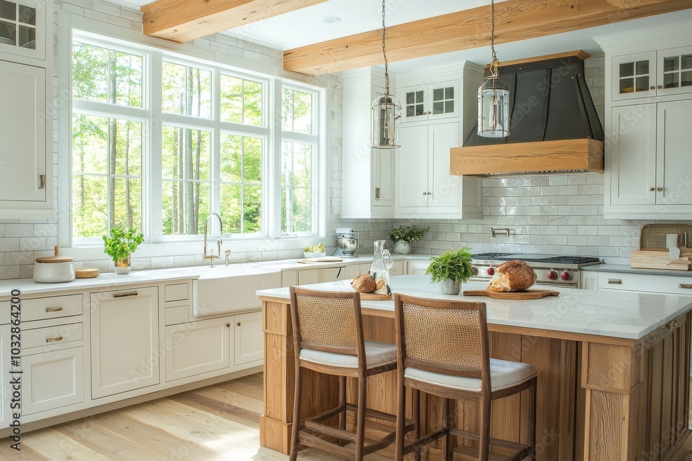 White kitchen with large island in new luxury home. Includes stainless steel appliances and sleek modern range hood. White kitchen with large island in new luxury home. Includes stainless steel appliances and sleek modern range hood.