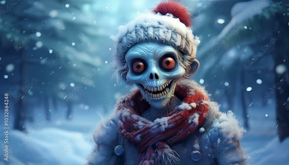 A cute zombie with a knitted hat and scarf enjoys a snowy winter landscape and exudes Christmas joy. A cute zombie with a knitted hat and scarf enjoys a snowy winter landscape and exudes Christmas joy.