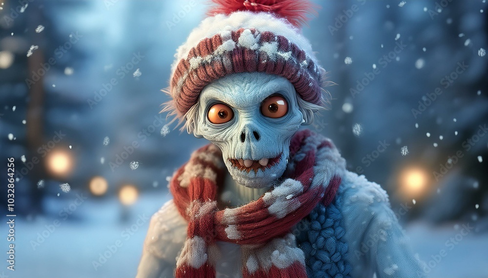 A cute zombie with a knitted hat and scarf enjoys a snowy winter landscape and exudes Christmas joy. A cute zombie with a knitted hat and scarf enjoys a snowy winter landscape and exudes Christmas joy.