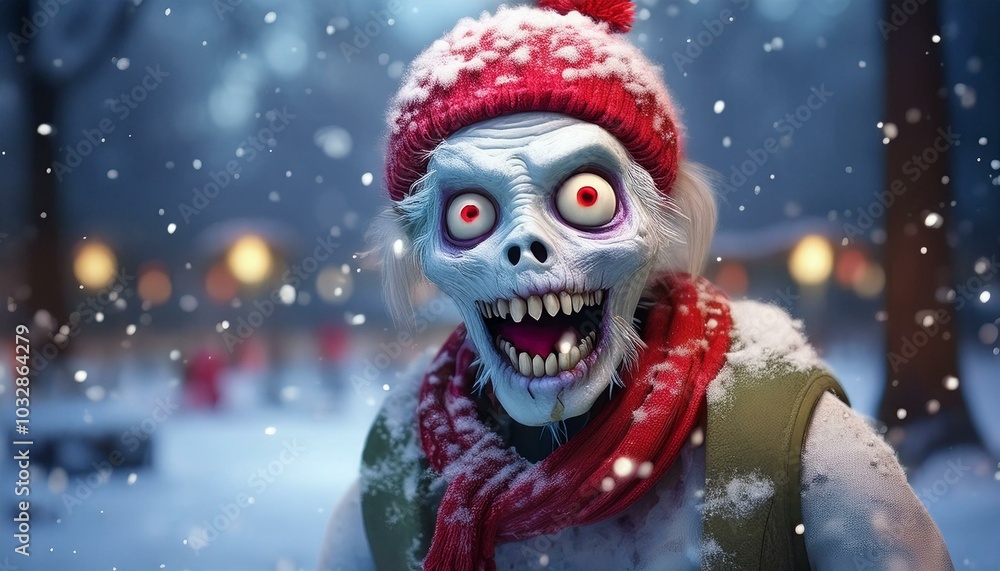 A cute zombie with a knitted hat and scarf enjoys a snowy winter landscape and exudes Christmas joy. A cute zombie with a knitted hat and scarf enjoys a snowy winter landscape and exudes Christmas joy.