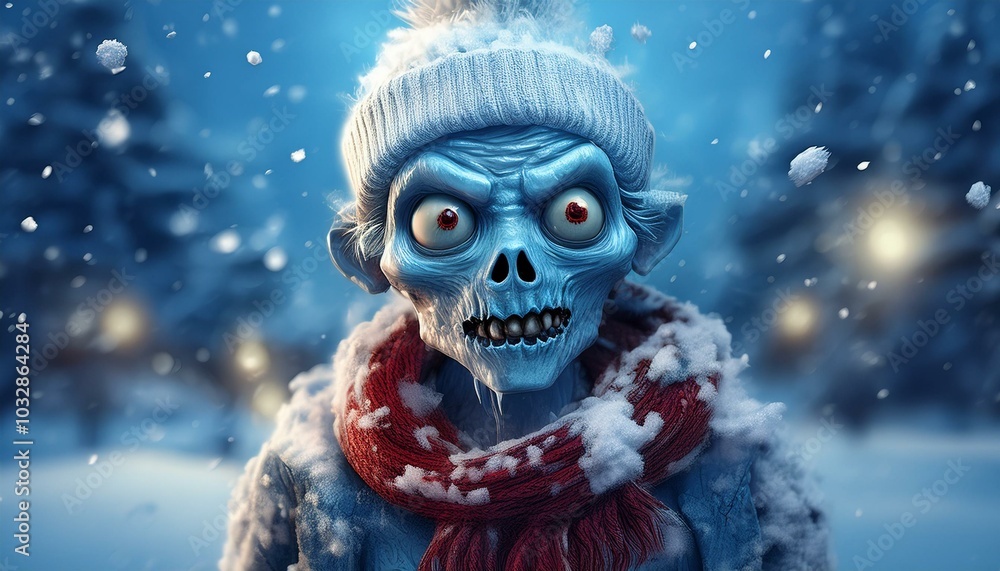 A cute zombie with a knitted hat and scarf enjoys a snowy winter landscape and exudes Christmas joy. A cute zombie with a knitted hat and scarf enjoys a snowy winter landscape and exudes Christmas joy.