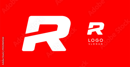 Bold angular letter R, geometric cutouts, minimalist sporty style, dynamic corporate identity, athletic and automotive logo, strong typographic design. Vector typeset