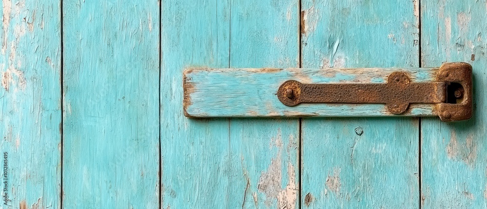 A rustic wooden surface painted in vibrant turquoise with a weathered metal latch attached. A rustic wooden surface painted in vibrant turquoise with a weathered metal latch attached.