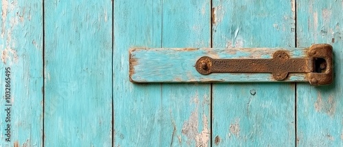 A rustic wooden surface painted in vibrant turquoise with a weathered metal latch attached.