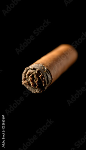 Cigar tip on black background . Macro shot isolated with white highlights, png