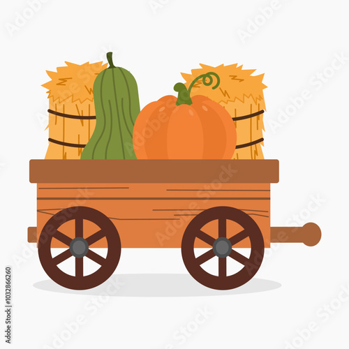 Wagon with pumpkins and hay bale vector illustration isolated on white background