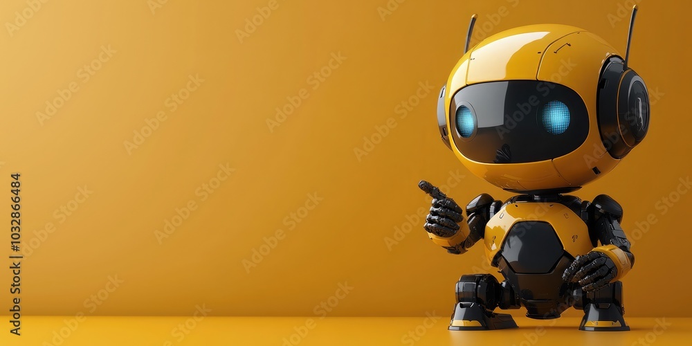 Positive cute robot pointing at a space. Copy space, ai generated Positive cute robot pointing at a space. Copy space, ai generated
