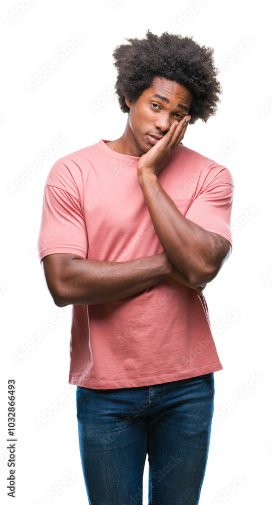 Afro american man over isolated background thinking looking tired and bored with depression problems with crossed arms. Afro american man over isolated background thinking looking tired and bored with depression problems with crossed arms.