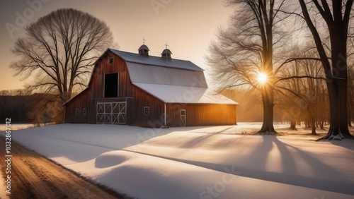 rural winter landscape, snow-covered field, red barn, sunrise, bare tree, farm, countryside, peaceful morning, winter sunrise, snow blanket, serene, golden light, dawn, rustic charm, rural scene, wint photo