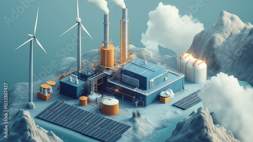 solar power station, isometric a hydrogen energy plant with wind turbines and solar panels, concept of a renewable energy