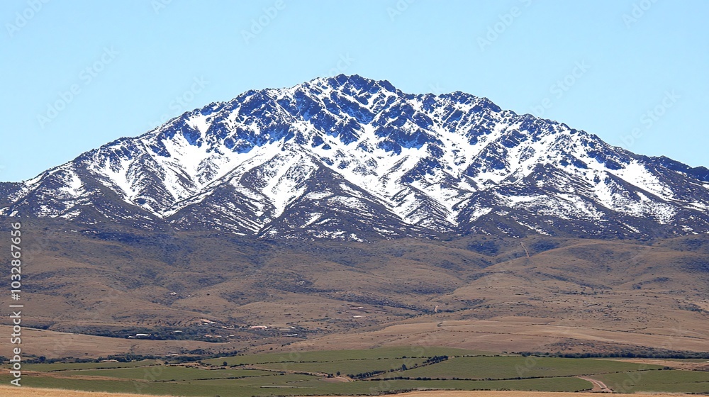 Snow-capped mountain peak against a clear blue sky. Snow-capped mountain peak against a clear blue sky.