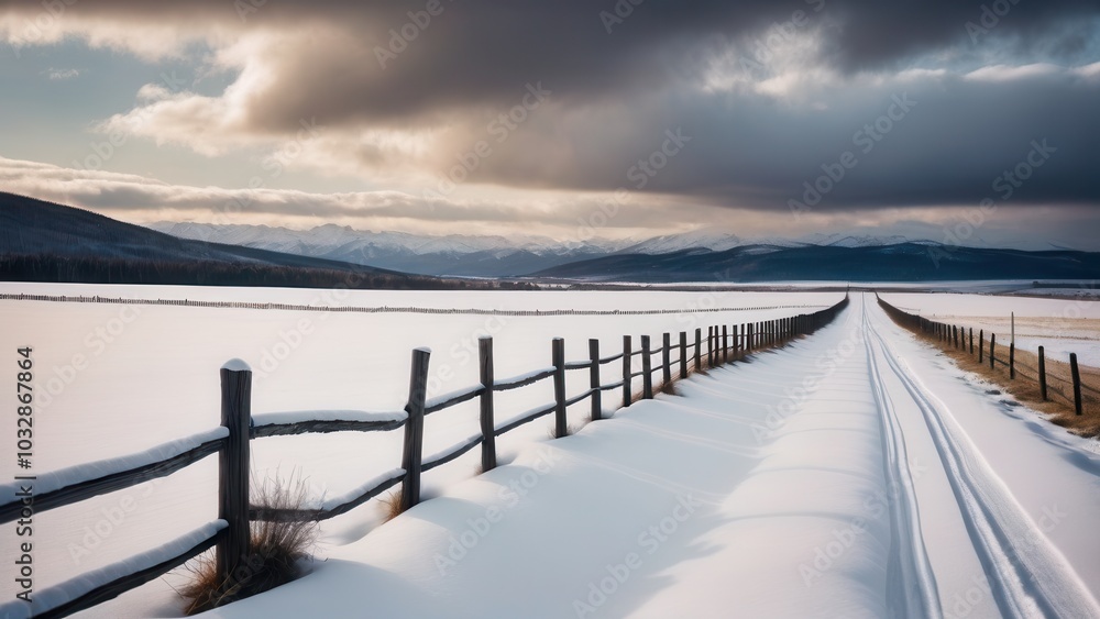 Peaceful winter landscape with wooden fence, snow, and mountains at dawn. Peaceful winter landscape with wooden fence, snow, and mountains at dawn.