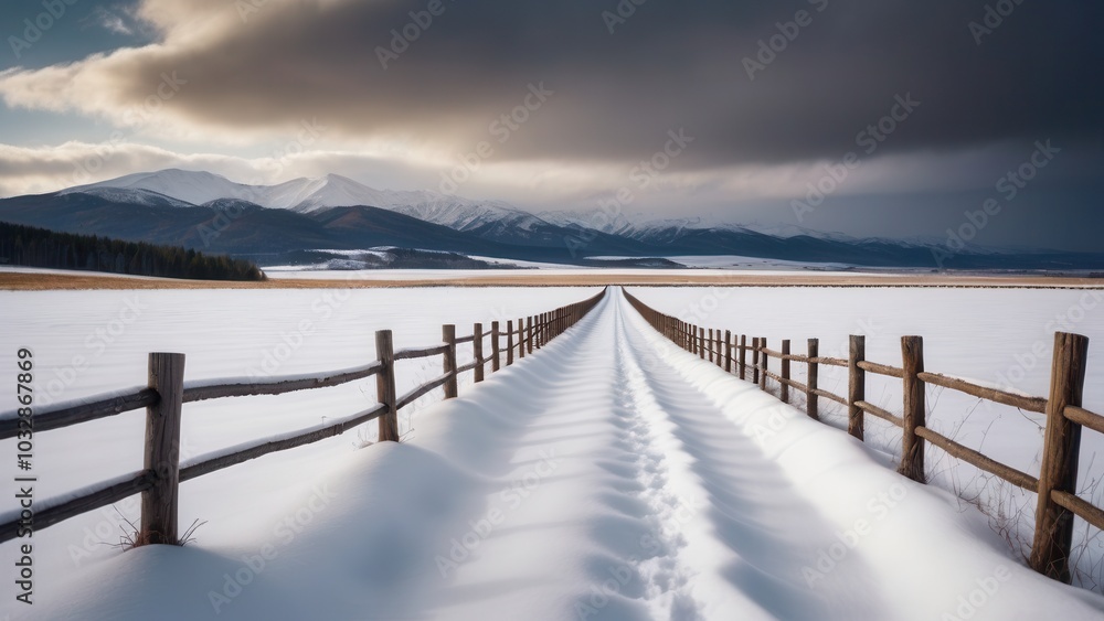 Naklejka premium Peaceful winter landscape with wooden fence, snow, and mountains at dawn.