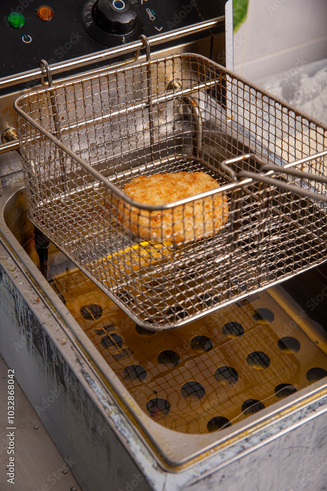 Fried cutlet in fryer basket Fried cutlet in fryer basket