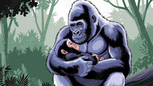 A silverback gorilla cradles its infant offspring.