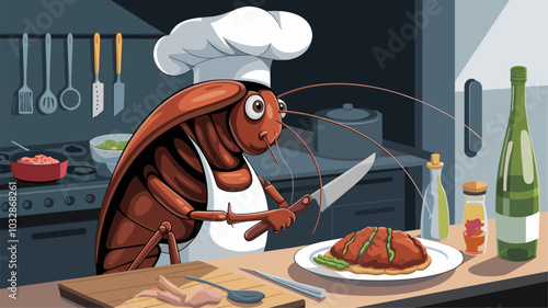 Whimsical illustration of cockroach chef preparing gourmet meal.