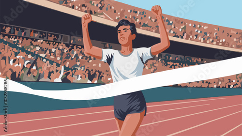 Vintage illustration of runner crossing finish line in classic athletic wear.