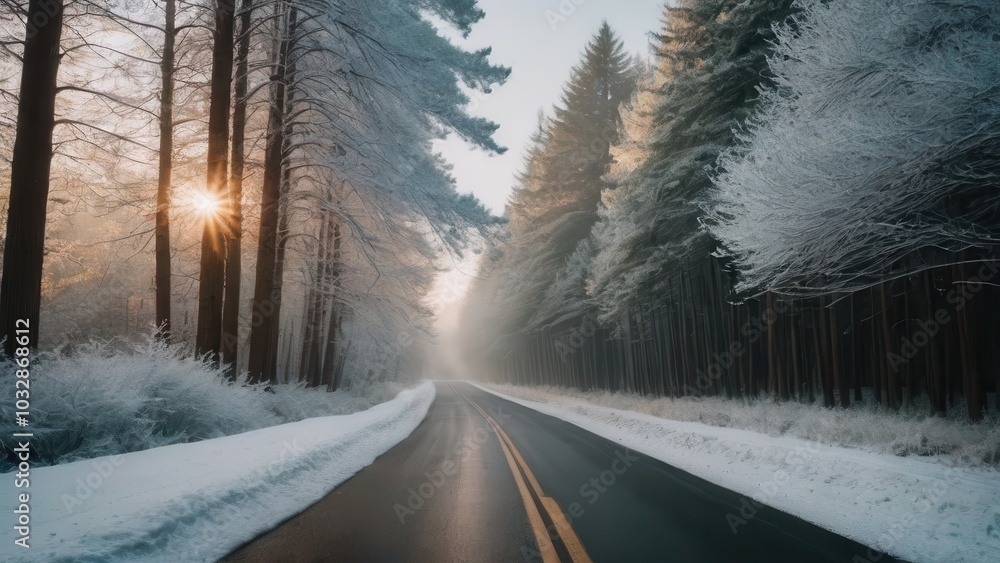Fototapeta premium A serene Rural winter landscape with a snowy road and frosty trees