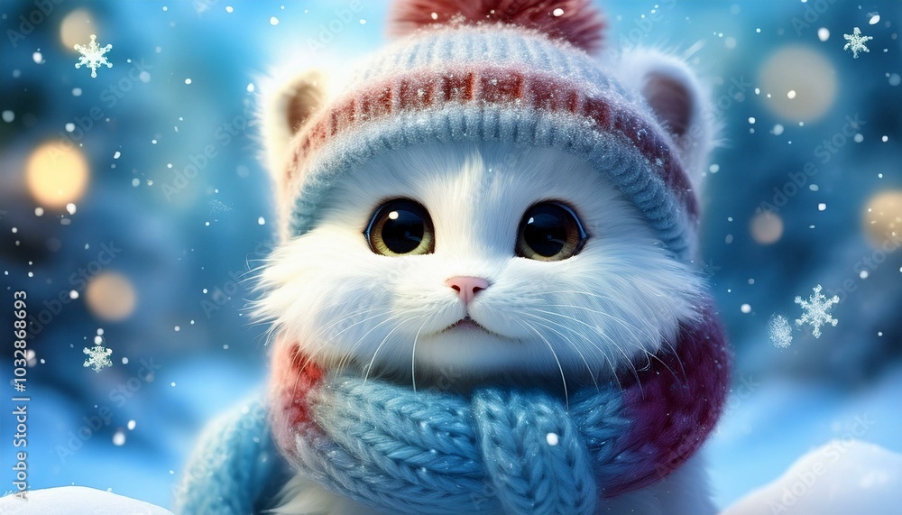 A cute kitty with a knitted hat and scarf enjoys a snowy winter landscape and exudes Christmas joy. A cute kitty with a knitted hat and scarf enjoys a snowy winter landscape and exudes Christmas joy.