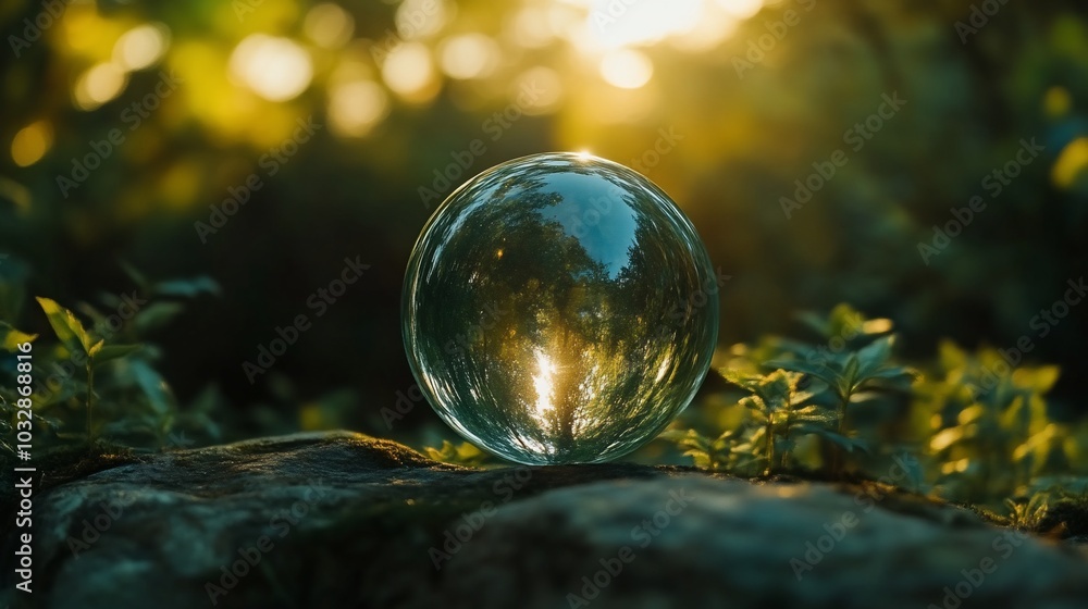 Glass sphere reflecting sunlight through trees. Glass sphere reflecting sunlight through trees.