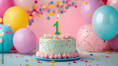 Colorful first birthday cake with a number one candle and balloons 