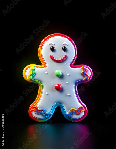 Shiny glass Christmas toy. Rainbow glass Christmas gingerbread man icon on black background. Merry Christmas and Happy New Year.