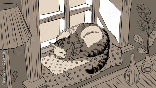 Cat napping in a sunbeam on a windowsill.