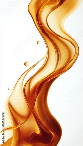 Golden caramel swirl with droplets on a white background creating a mesmerizing and smooth abstract pattern