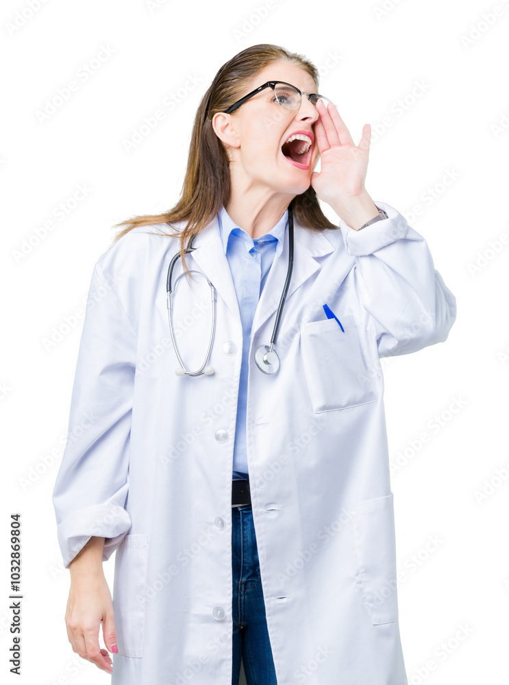 Middle age mature doctor woman wearing medical coat over isolated background shouting and screaming loud to side with hand on mouth. Communication concept. Middle age mature doctor woman wearing medical coat over isolated background shouting and screaming loud to side with hand on mouth. Communication concept.
