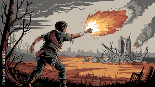 A survivor in a post-apocalyptic landscape launches a fireball towards a crumbling city as a final act of defiance.