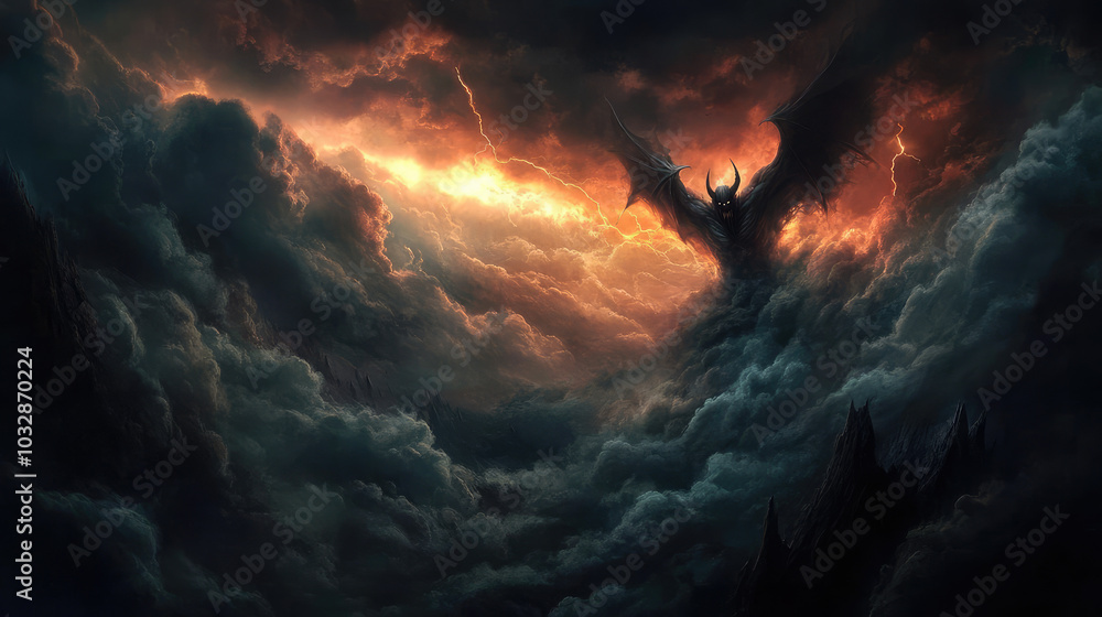 A devilish figure with a wicked grin and bat-like wings, floating ominously in dark, stormy clouds, the swirling mist and flashes of lightning casting an eerie glow on its form.