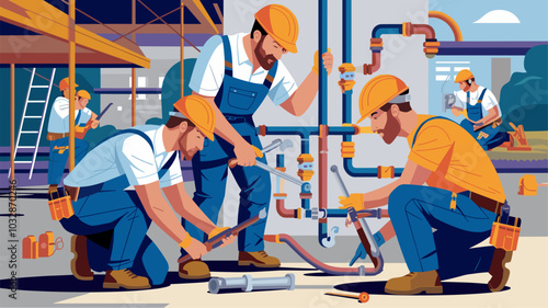 A team of plumbers collaborates to install a complex network of pipes.