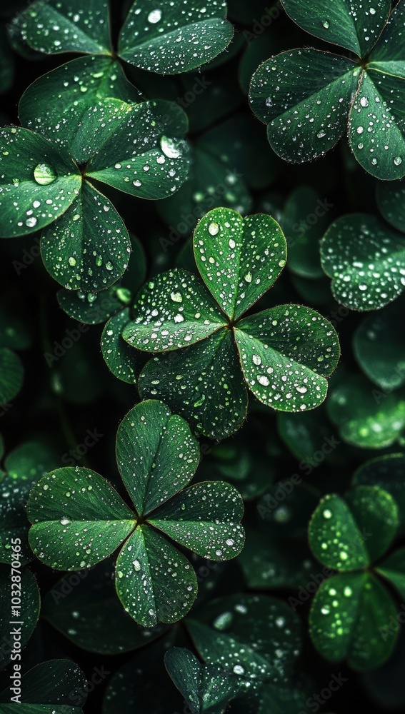 Obraz premium Lush green clover leaves with dewdrops that symbolize freshness and natural beauty