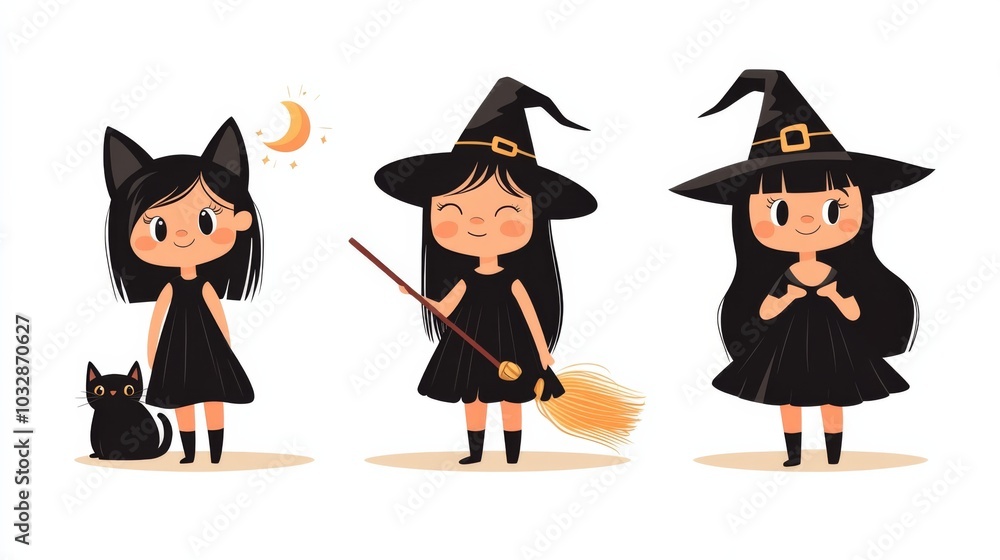 Charming cartoon illustration of a cute little witch with a broom, accompanied by a magical cat. Charming cartoon illustration of a cute little witch with a broom, accompanied by a magical cat.