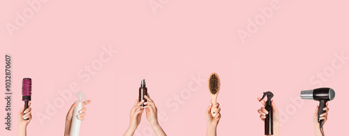 Collage with female hands holding different hair care products and equipment over pink background, copy space. Panorama