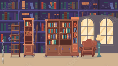 Library interior with bookcases, ladder, chair and lamp. Vector parallax background for 2d animation with cartoon old luxury library with wooden furniture, bookcases and armchair