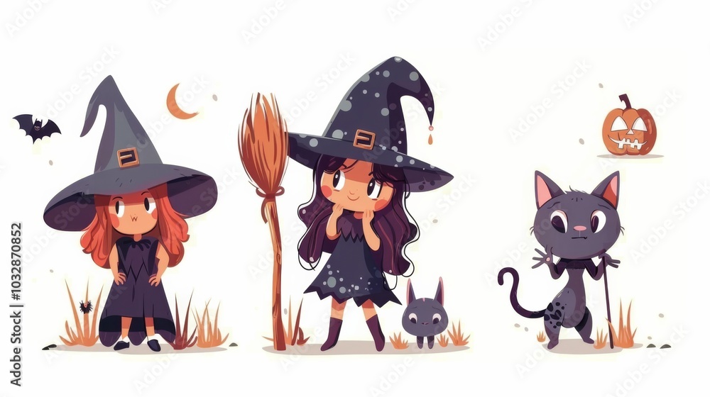 Charming cartoon illustration of a cute little witch with a broom, accompanied by a magical cat. Charming cartoon illustration of a cute little witch with a broom, accompanied by a magical cat.
