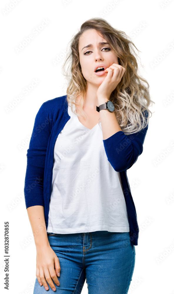Beautiful young blonde woman over isolated background looking stressed and nervous with hands on mouth biting nails. Anxiety problem. Beautiful young blonde woman over isolated background looking stressed and nervous with hands on mouth biting nails. Anxiety problem.