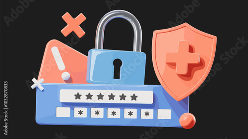 3d render, password fraud warning, alert, personal data protection concept with open padlock, passcode field, shield with cross and exclamation signs Isolated illustration in cartoon plastic style