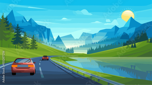 Cars on highway in mountain valley. Vector cartoon illustration of auto traffic on lakeside road, summer scenery reflecting in water, sun shining bright in blue sky, fir tree forest, vacation travel