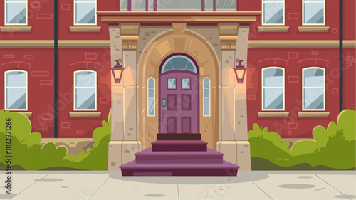 Front door with stone frame in old building facade from red brick. Vector cartoon illustration of vintage house entrance with purple wooden door, step and lanterns