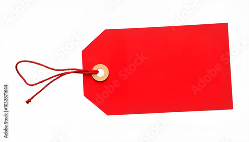 Bright red sale tag with string on white background for retail promotions