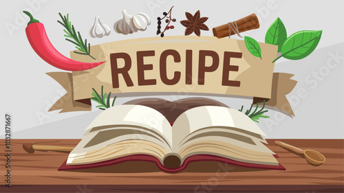 Recipe book on wooden table background. Banner with cookbook and condiments red chili pepper, garlic, rosemary, allspice, bay leaves and wood spoons cooking tools, Realistic 3d vector illustration