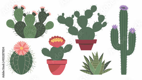 Cute cactuses, succulents and desert plants with flowers isolated on white background. Vector cartoon set of green prickly cacti with blossoms and spikes. Icons of houseplant and garden cactaceae