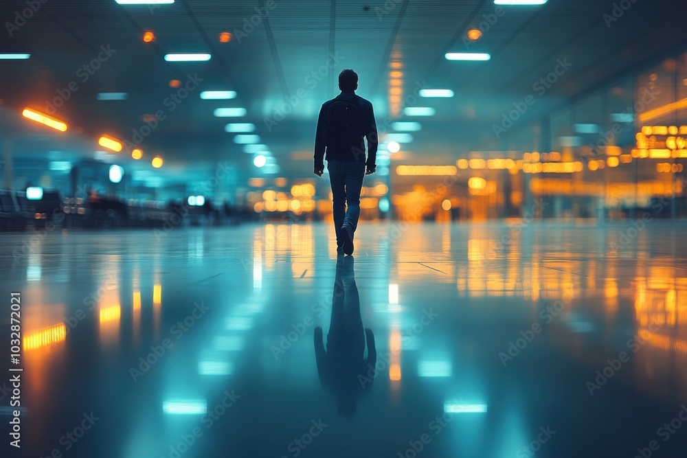 Man walking through a large empty airpor at night Man walking through a large empty airpor at night