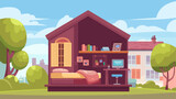Parallax background girl bedroom interior on attic. Teenager mansard room with unmade bed, window, workspace with computer. Cartoon 2d separated layers for game animation scene, Vector illustration
