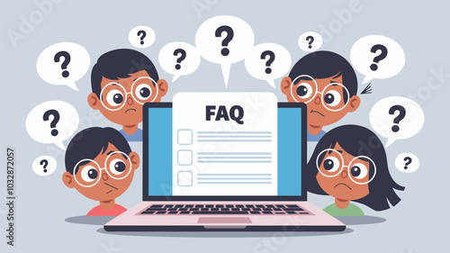 Pensive people ask questions, search answers online. Vector flat illustration of FAQ page with curious and puzzled characters, laptop, question marks and speech bubbles