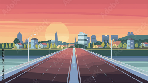 Overpass car road to city at sunset. Vector cartoon illustration of highway bridge with street lights, railings and summer cityscape with house buildings, skyscrapers, trees and sun at evening